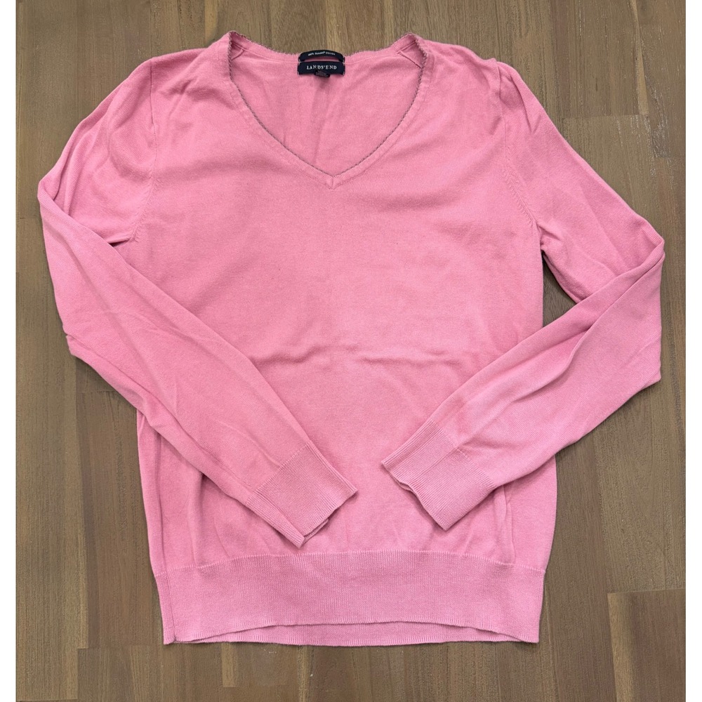 Lands' End Pink Supima Cotton V-Neck Sweater Womens Medium 10-12 Long Sleeve